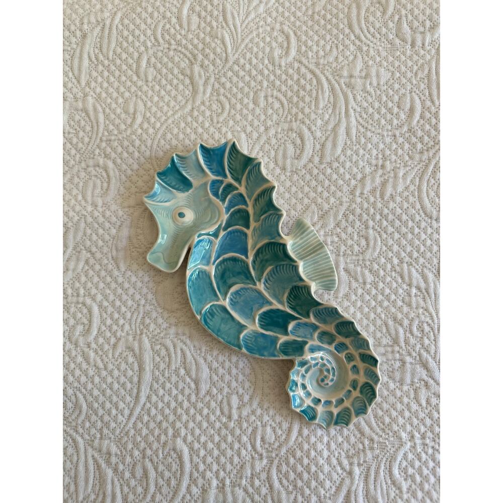 Blue Hand Painted Seahorse Ceramic Dish